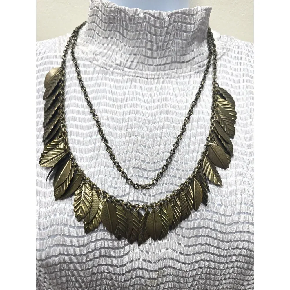 Two Layer Chain & Leaves Necklace Bronze Tone Metal Retired